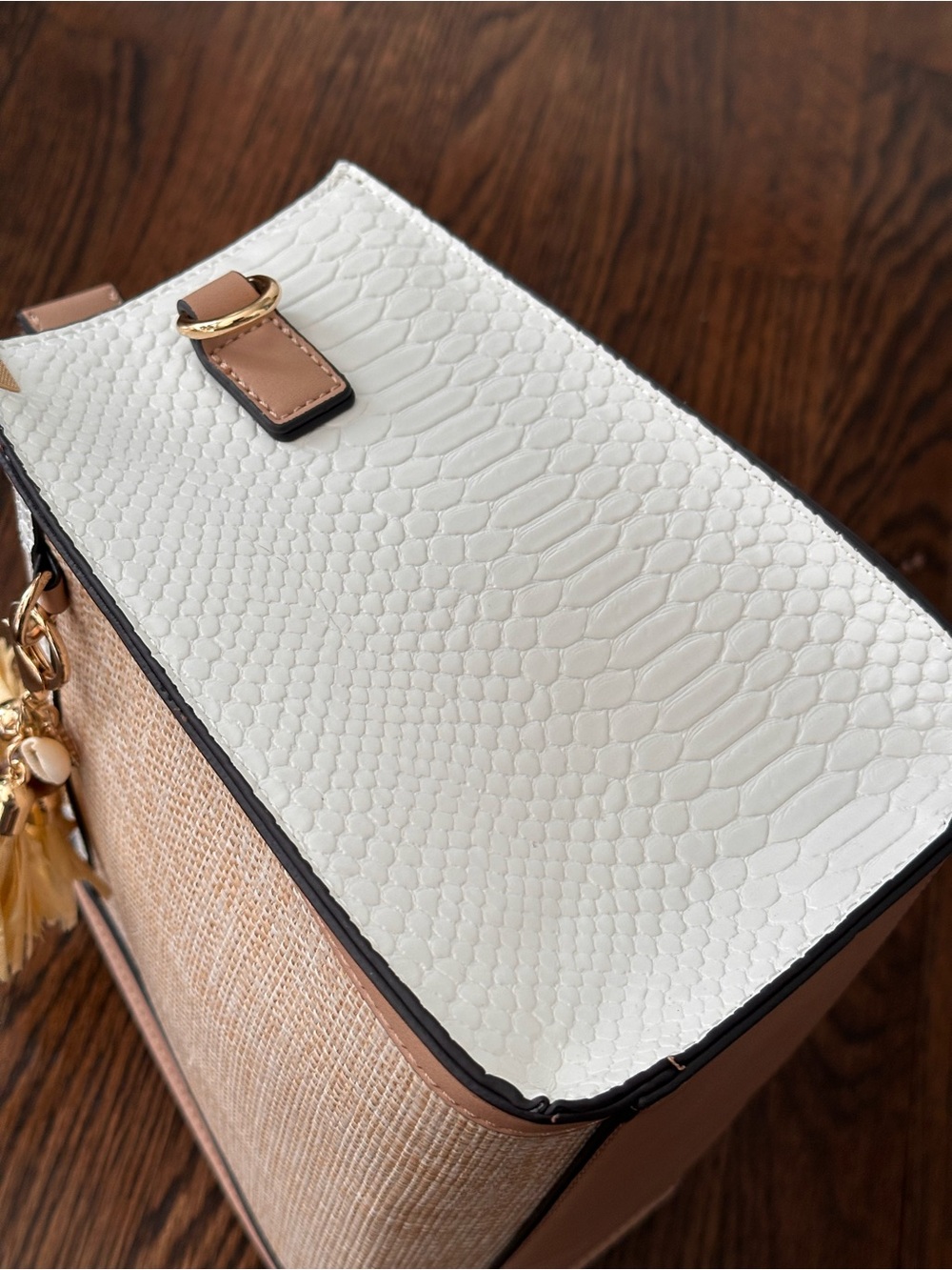 ALDO Beige, White & Tan Straw Satchel with Tassel Charm - Picture 4 of 6